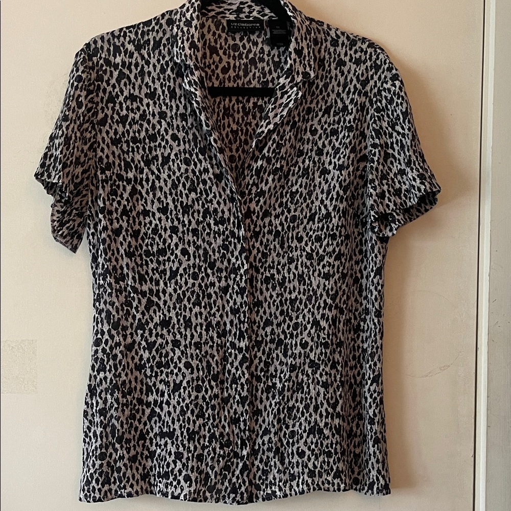 Liz Claiborne Silk Black and White Animal Print Button Down Shirt